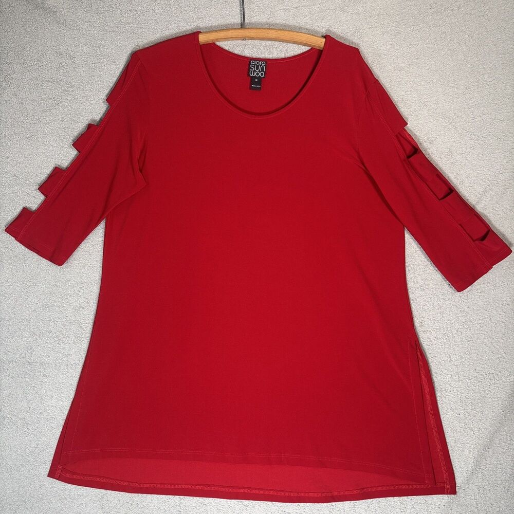 Clara Sun Woo Tunic Blouse Women’s Size 1X Red Arm Cut Out Lagenlook Boho Artsy